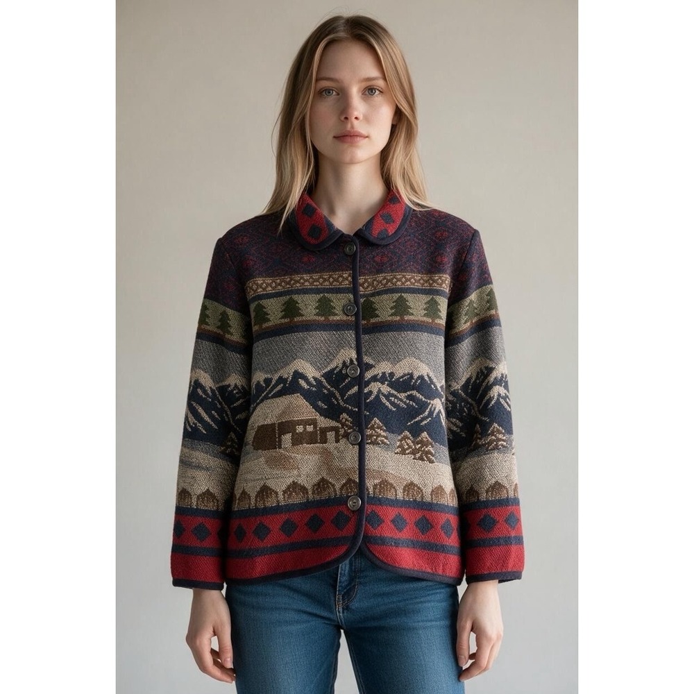 Vintage Sonoma Tapestry Jacket XL Cabin & Mountains Landscape Fleece Wool Coat